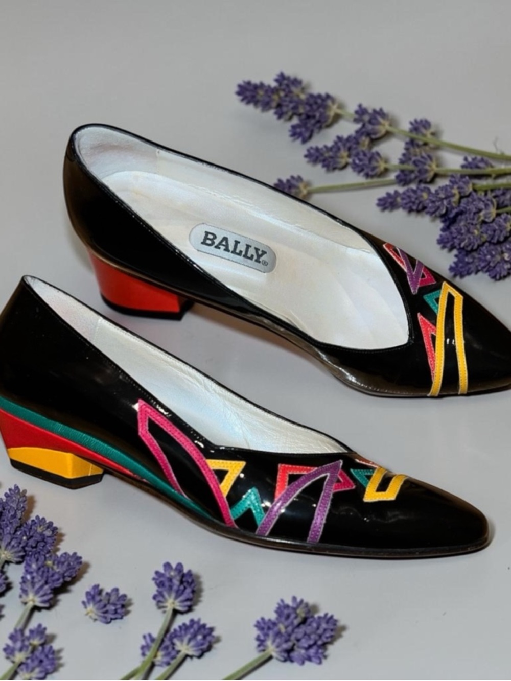 Bally Black Patent Leather Low Block Heel Pumps with Multicolor designs